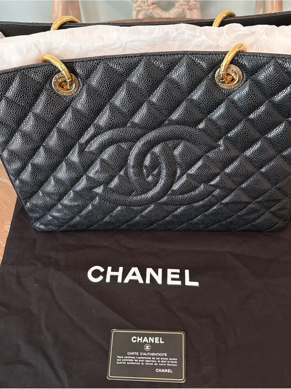 Authentic Chanel Quilted Leather Grand Shopping Tote Bag in Black
